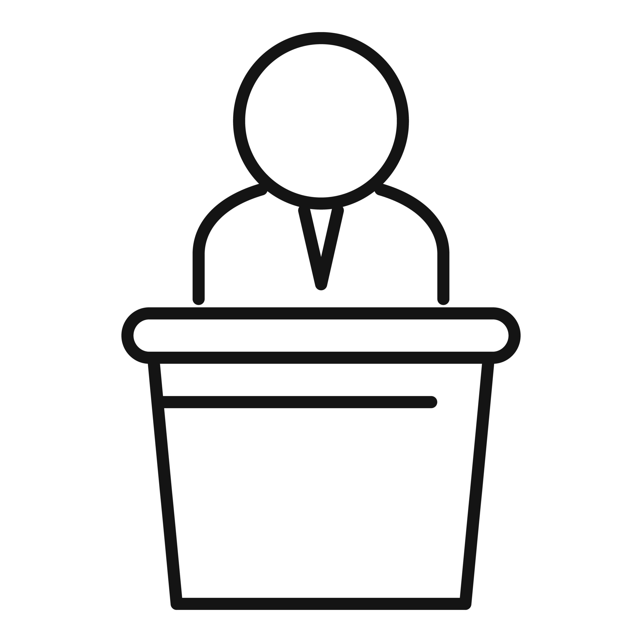 Politician giving a speech on podium icon Politician standing behind a podium, giving a speech at a political meeting