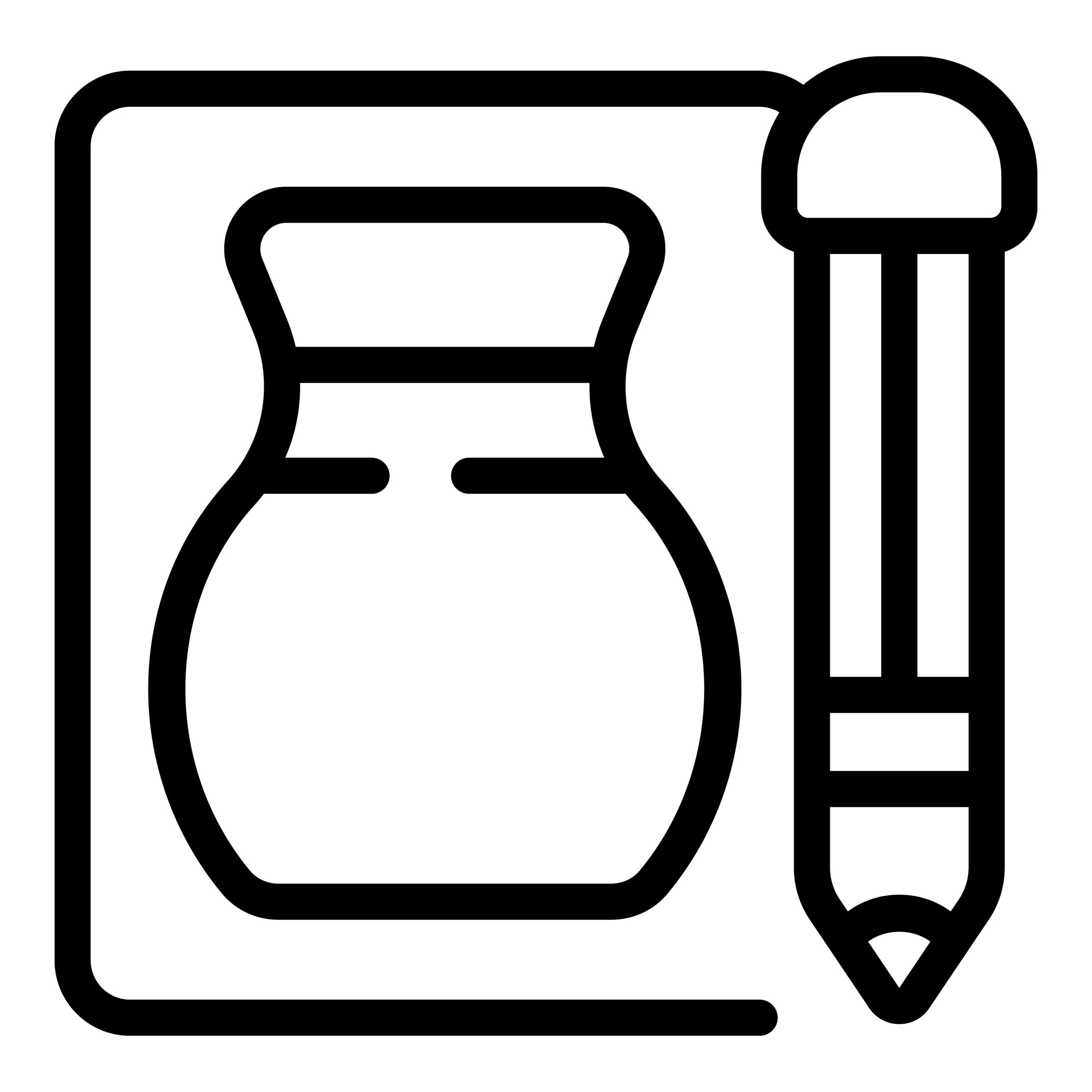 Drawing board and pencil icon Black and white line art icon featuring a sketch pad and a pencil